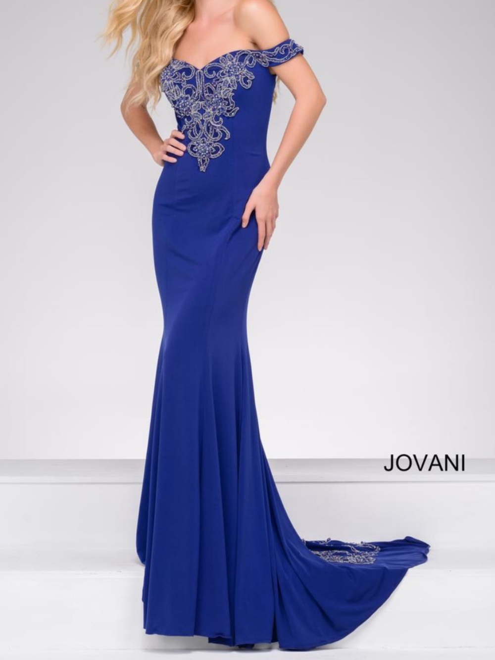 Jovani Cobalt Blue Off-Shoulder Embellished Mermaid Gown